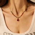 Summer New Fashion Women's Stainless Steel Pendant Necklace Teardrop Red Zircon with Gold Plating Trendy Beaded Style