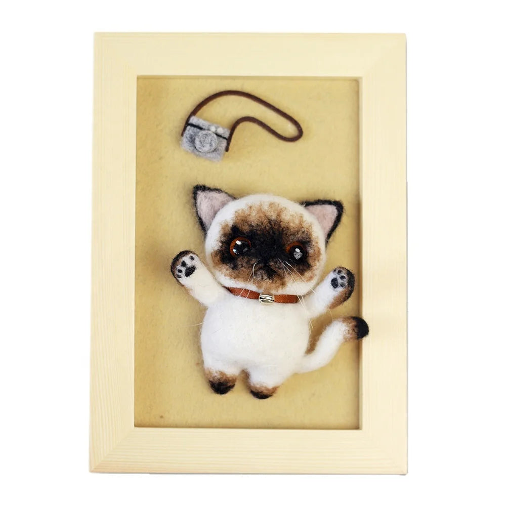 Adorable 3D Siamese Cat in Photo Frame DIY Animals Handmade Crafts Supplies for Home Decor Novelty Gifts Needle Felting Kit