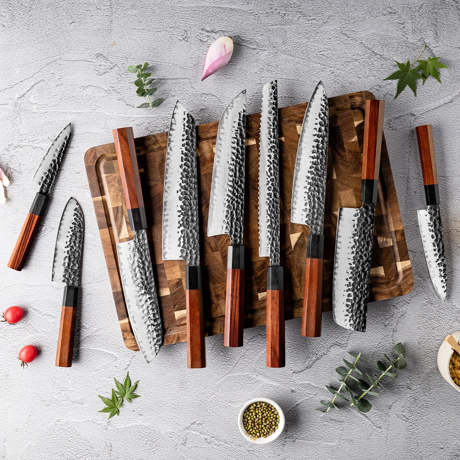 Japanese Stainless Steel 9 Pcs Kitchen Knives Sets Kitchen Chef Santoku Nakiri Utility Paring Knife Set with Mkuruti Wood Handle