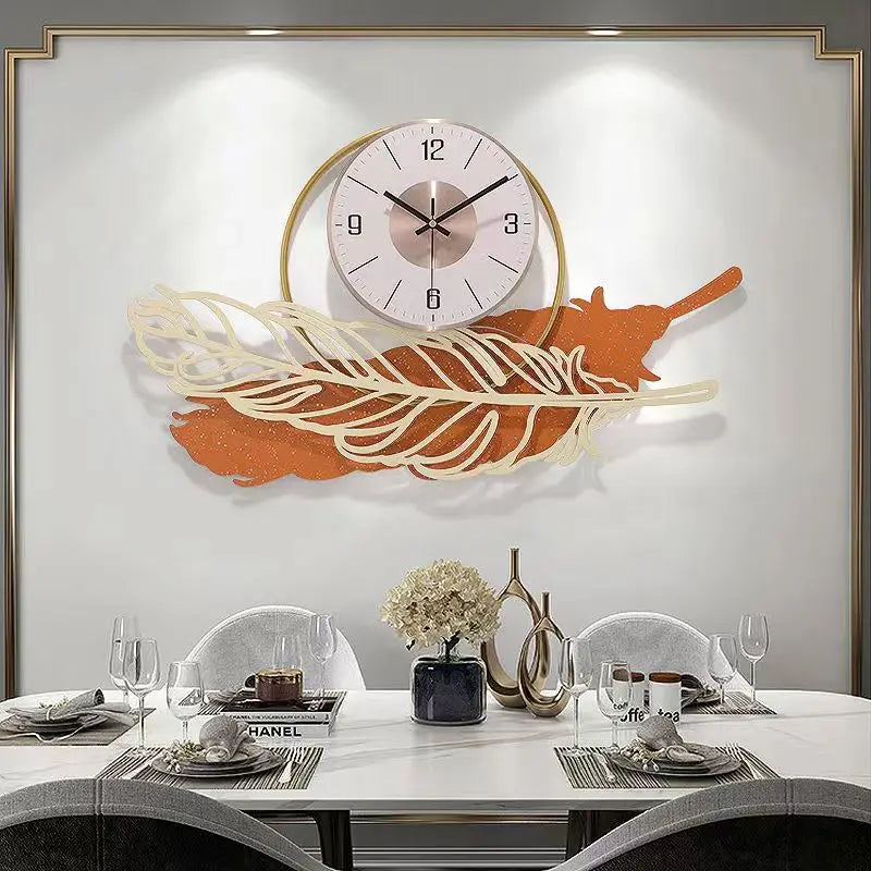 Creative Luxury Orange Leaf Wall Art Clock Big Silent Metal Single Face Needle Display Traditional Design Style Home Decor