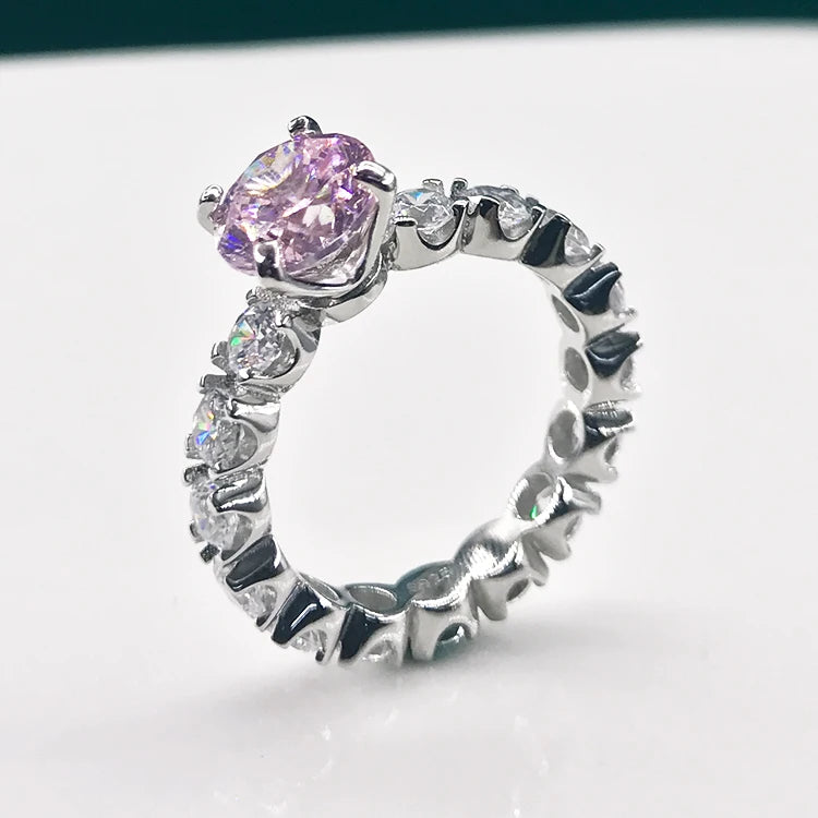 Women Couple Rings Diamond Cutting Fine Sterling Silver Tennis Ring Beautiful Pink Gemstone Inlay Rings