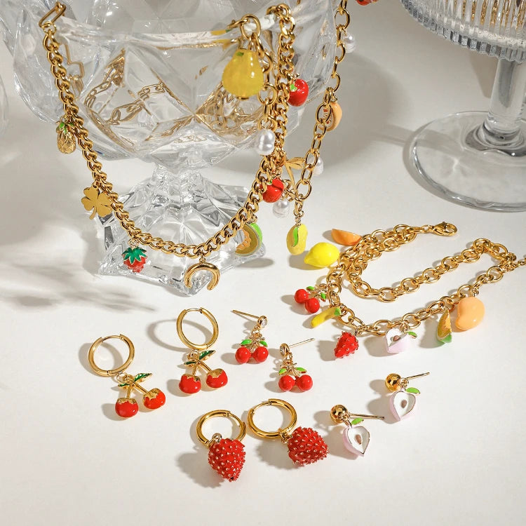 G3766 Wholesale Stainless Steel Cute Fruit Strawberry Grapes Cherry Charms Necklace Hoop Earring Bracelet Summer Jewelry