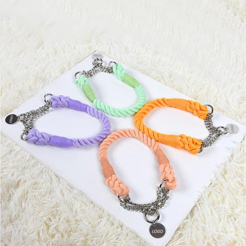 Fashionable Colorful Pet Cotton Collar & Leash Set Dog Cotton Rope Leash for Naughty Dogs