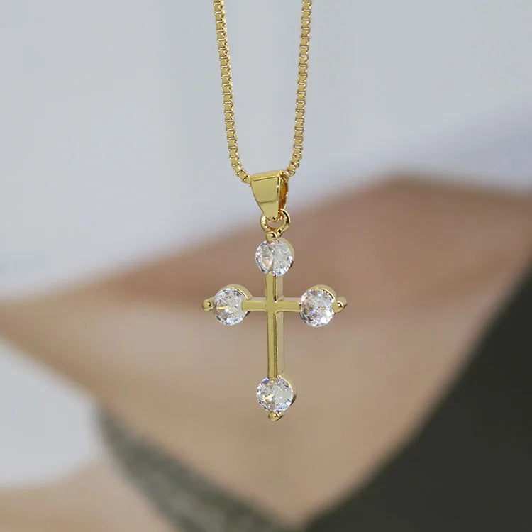 NZ1491 Dainty Little Small 18k Glod Plated Brass CZ Mirco Pave Crucifix Cross Christian Pendant Chain Necklaces Religion for La