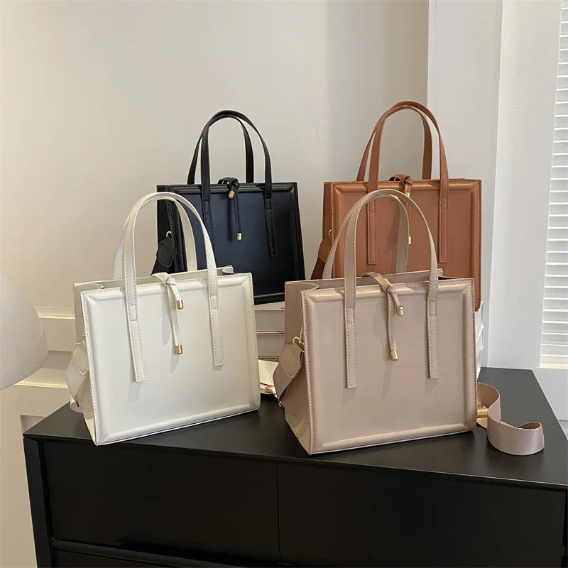 New Vintage Fashionable Women's PU Tote Bag with Large Capacity Briefcase and Korean Single Shoulder Handbag Zipper Closure