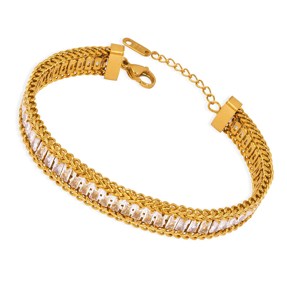 Wholesale Zirconia Double Chain Bracelets Stainless Steel Plated 18K Gold Bracelet Jewellery