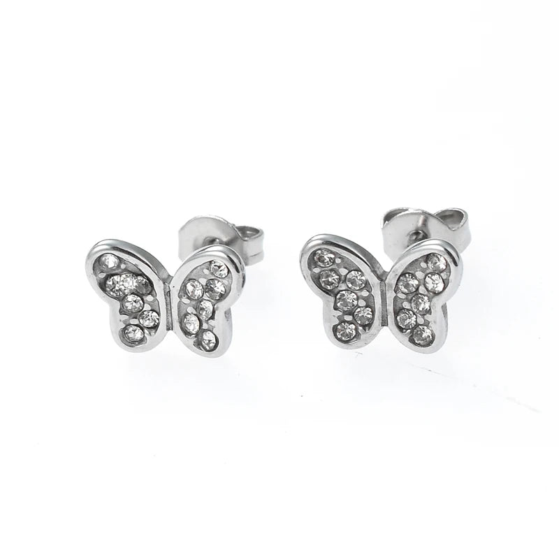 Mixed Gold Plated Stainless Steel Stud Earrings with Heart Butterfly Design Cute Cubic Zirconia Trendy Women's Jewelry Wholesale