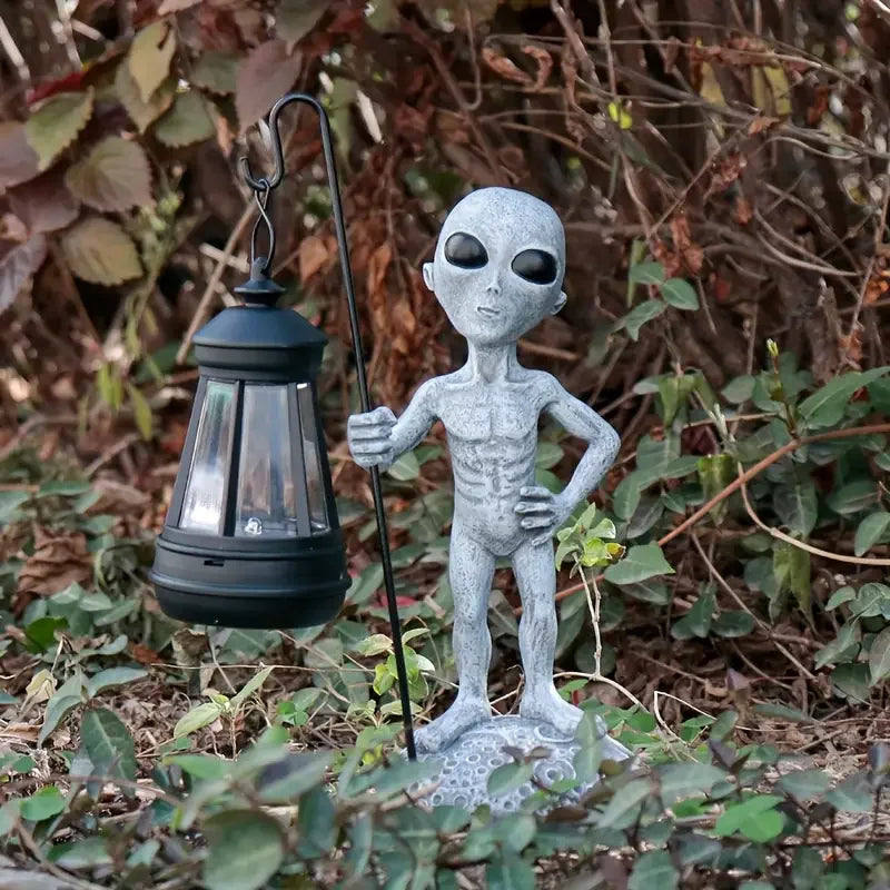 Hot Sale Creative Alien Resin Sculpture with Lantern & Moon Base Gray Skin Texture & Black Eyes Outdoor Garden Decor for Yard