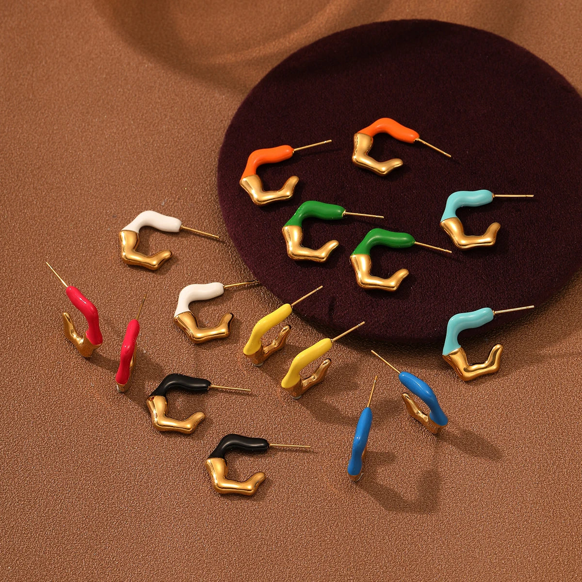 Summer Colorful Oil Drop C Shape Stud Earrings Girls Gift Enamel Stainless Steel Gold Plated Earrings Waterproof Fine Jewelry