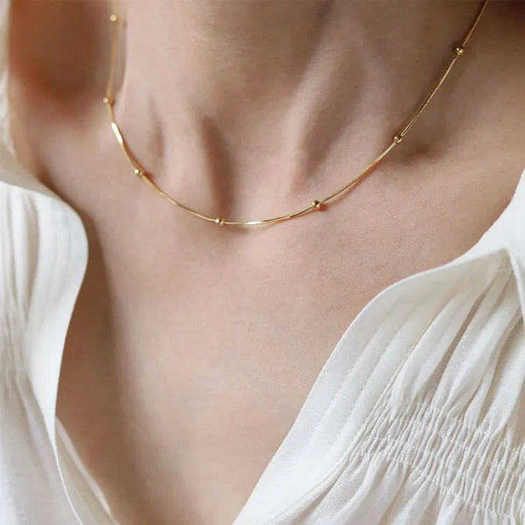 Minimalist Solid Thin Snake Chain Collarbone Necklace Dainty Tarnish Free Stainless Steel Gold Silver Beads Chain Necklace Women