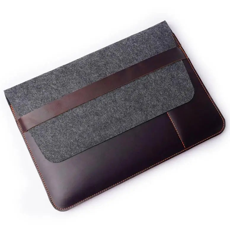 Factory Custom Design Slim Portable Handbag Case Tablet Cover Soft Grey Felt Brown Leather Patch Wool Felt Laptop Sleeve