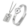 Fashion  a Set Couple  Titanium Stainless Steel Key Bangle Bracelet  Love Lock Heart Necklace Set for Girlfriend