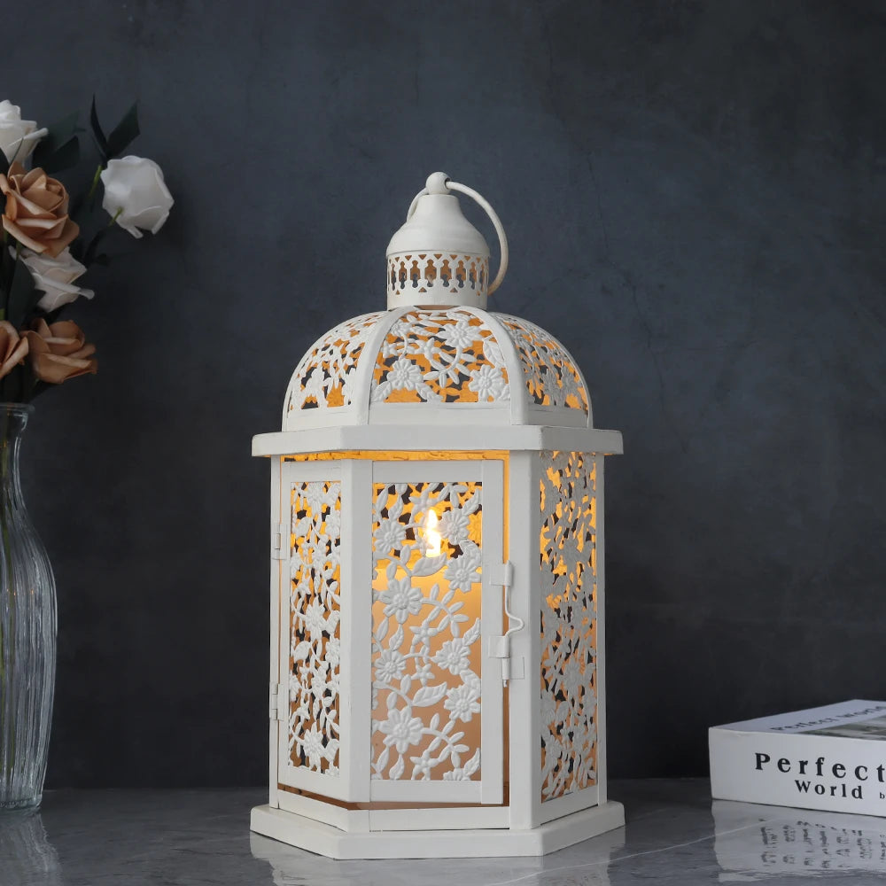 White Hollowed Out Vintage Wind Candle Lantern Candle Holders for Outdoor Patio Wedding Party