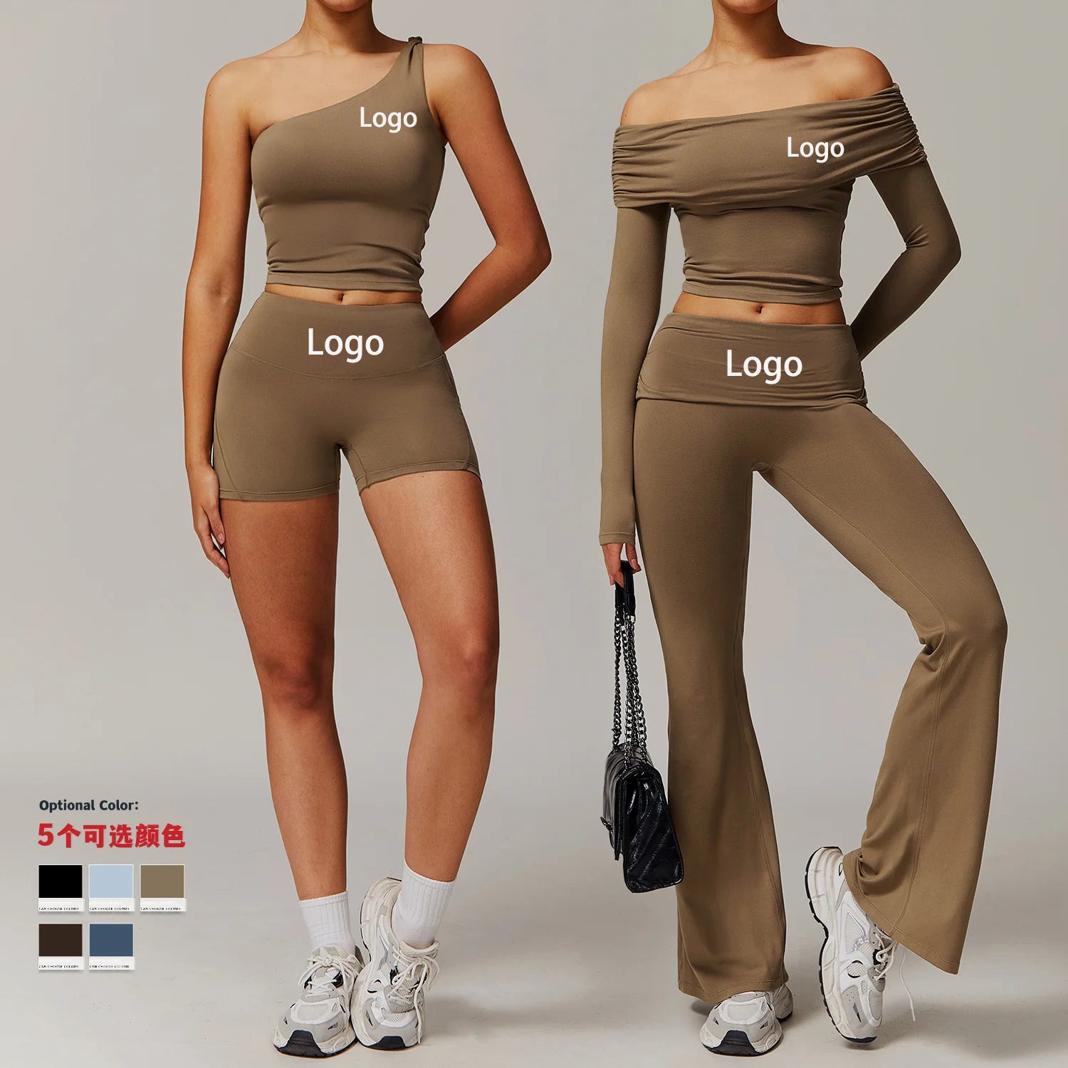 2025 Women 2 Piece Sets One Shoulder Crop Tops High Waist Flare Leggings Yoga Sport Outdoor Workout Lounge Wear Yoga Sets