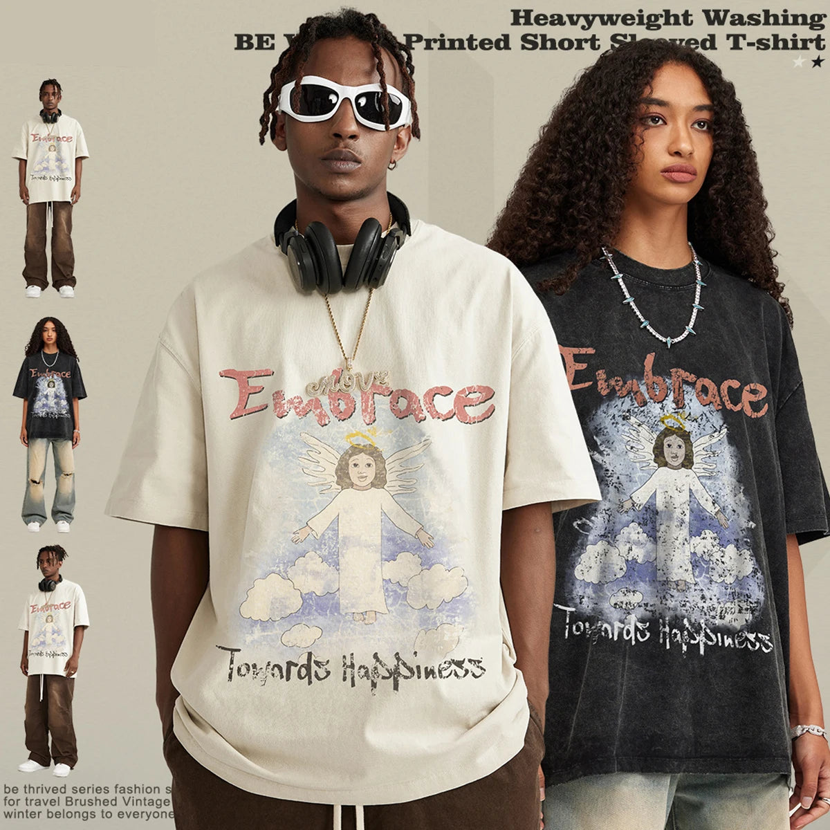 270G Spring/Summer Street Fashion Brand Angel Print 100% Cotton Vintage Loose Round Neck Short-sleeved T-shirt