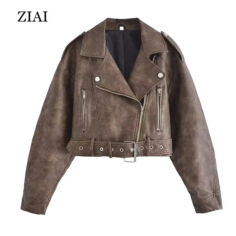 Women Zipper Leather Motorcycle Jackets Custom Outdoor Belt Faux Jacket