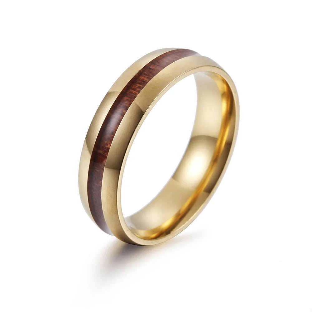 Ziming 6 MM Men's Wood Inlaid Stainless Steel and Epoxy Unisex Hip Pop Ring Factory Wholesale