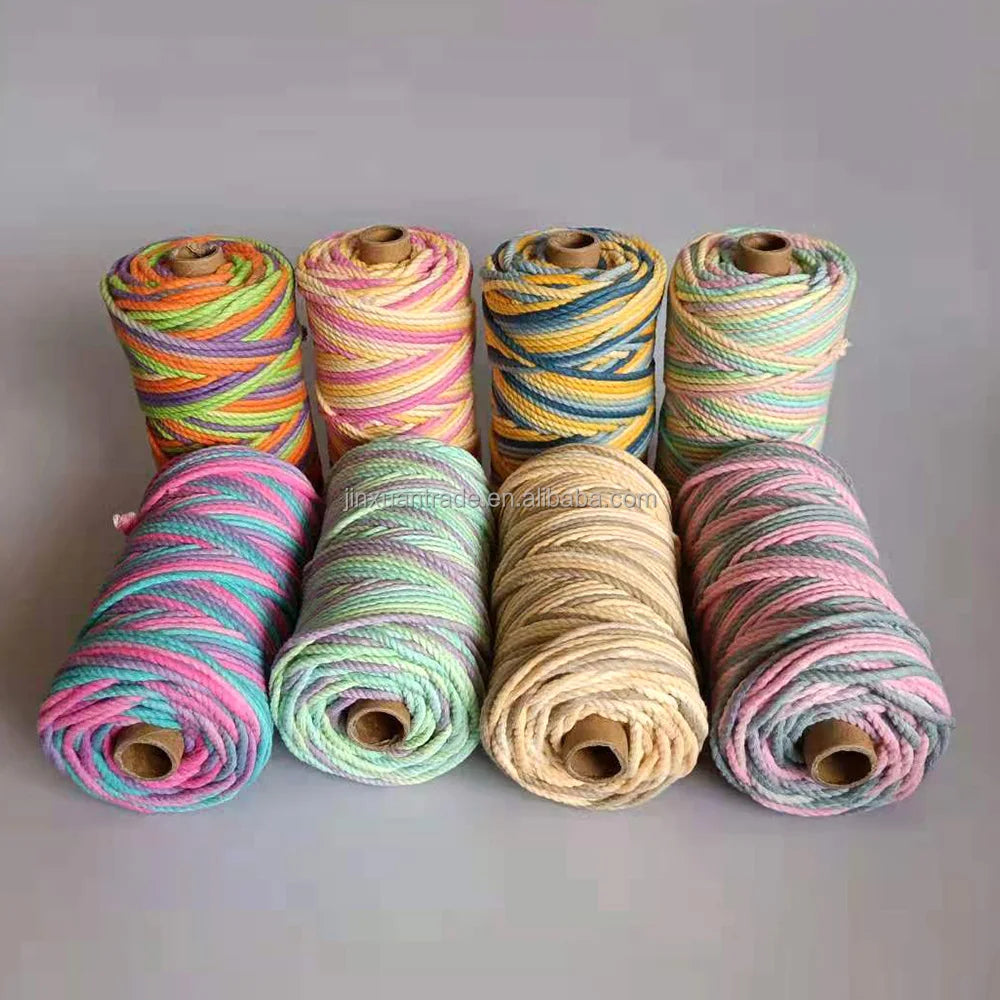 Excellent Quality Triple Strands Recyclable Twisted 100%COTTON Bulk Rainbow 3mm Macrame Cord Macrame Rainbow