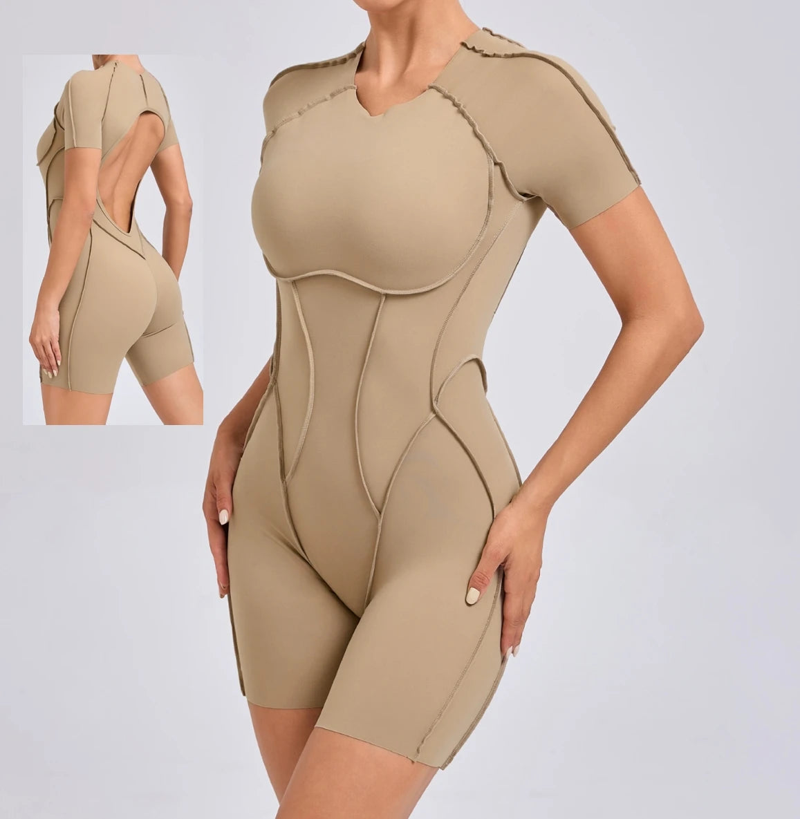 2025 Summer Beige Sports Bodysuit Short Sleeve Jumpsuit with Backless Neck Three-Dimensional Splicing for Gym Fitness & Yoga