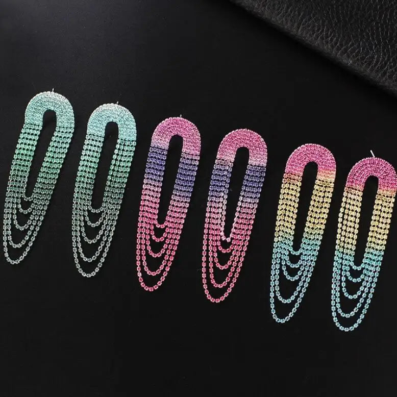 Kaimei 2025 Earring Fashion Jewelry Women Gradient Colorful Rhinestone Long Tassel Earrings for Woman Rainbow Bridal Earrings