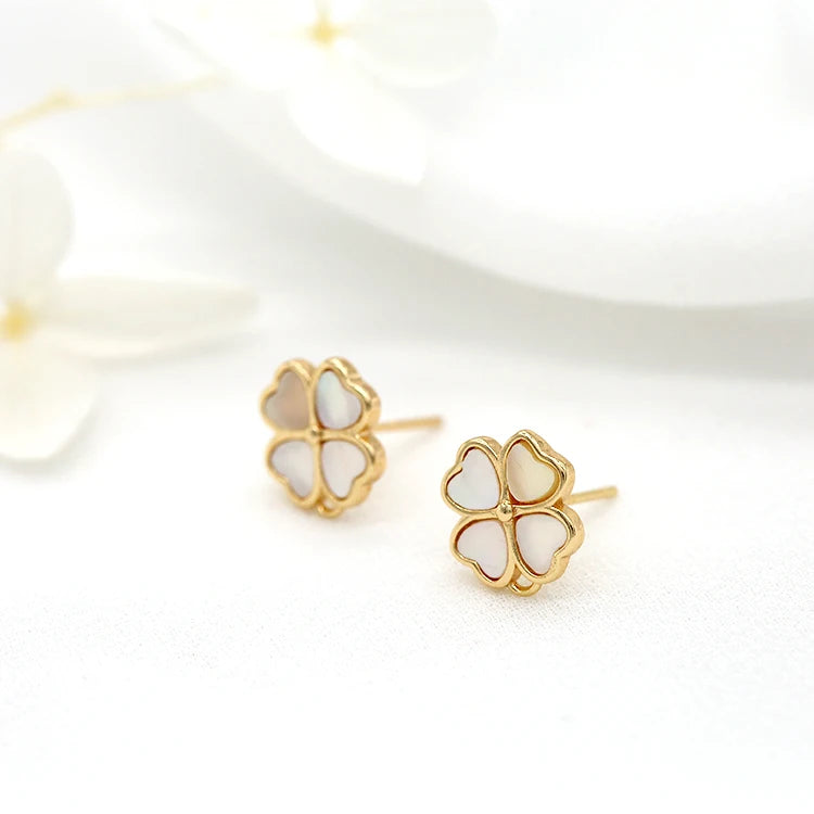 Fashion Jewelry Earring Accessories 14K Gold Plated Inlaid Shell Clover Heart Shaped Cute Studs Earrings