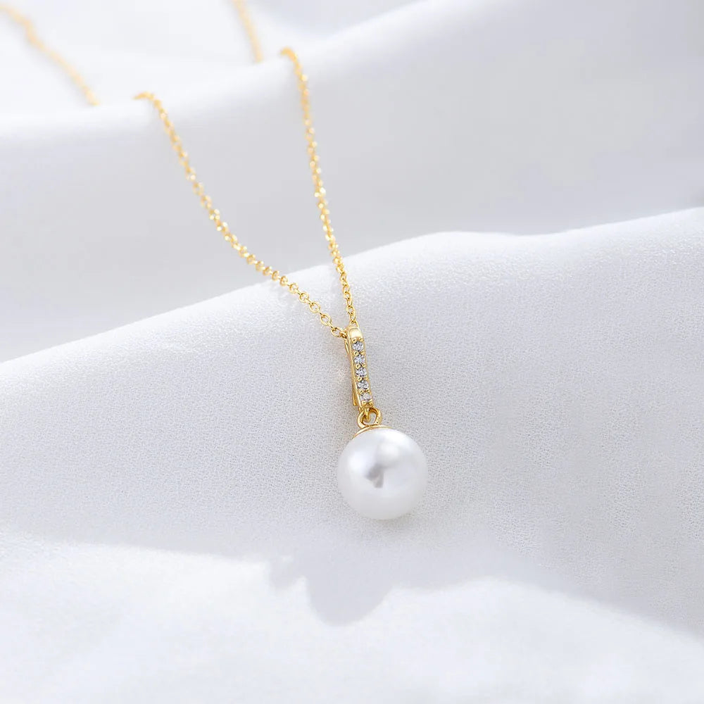Custom Wholesale 925 Sterling Silver Fine Jewelry Elegant Vintage Single Bar Row Zircon Pearl Charm Necklace in Gold Plated