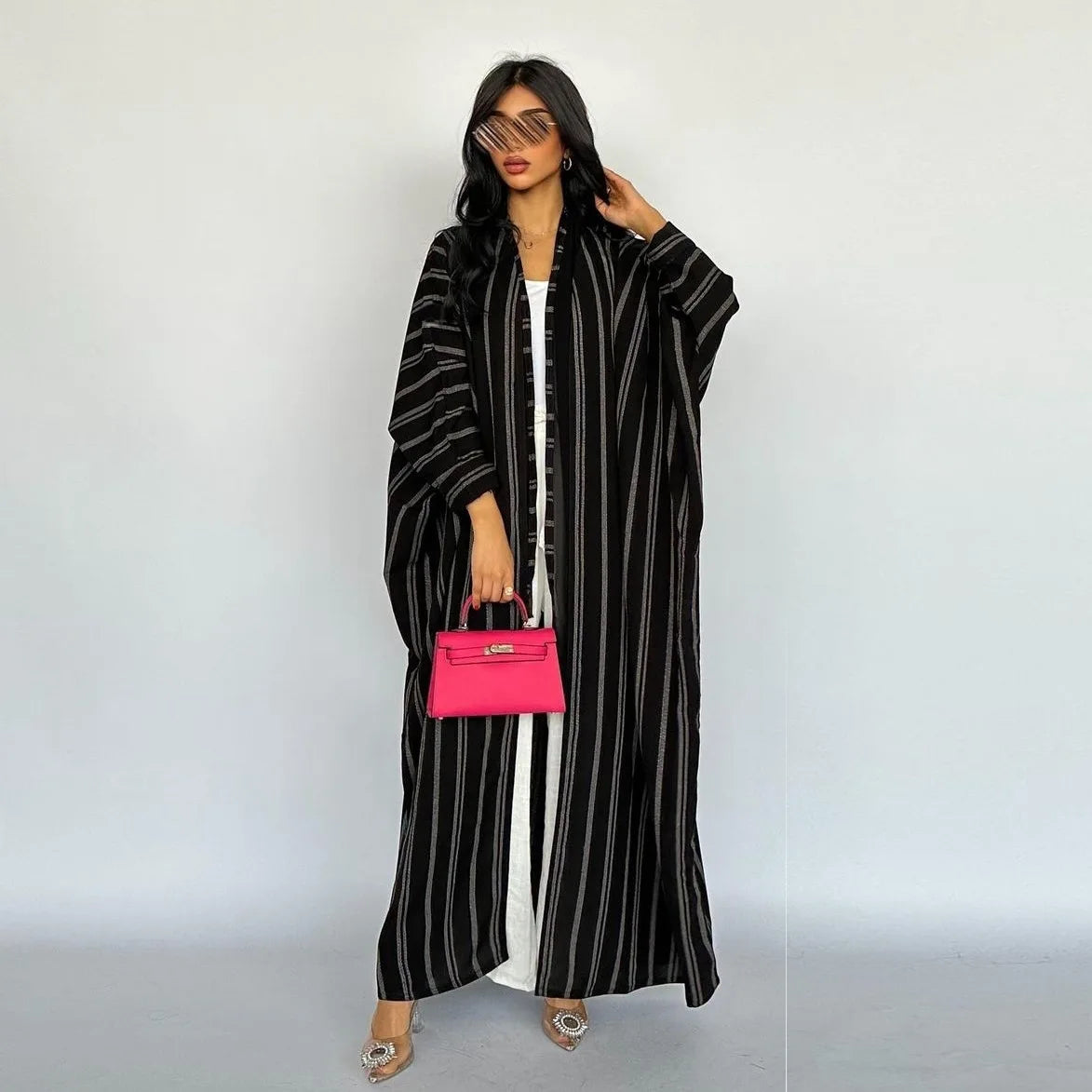 Arab Casual Loose Set Stripe Printing Batwing Sleeve Open Kimono Abaya and Dress Bangladesh Moroccan Dubai Women Kaftan