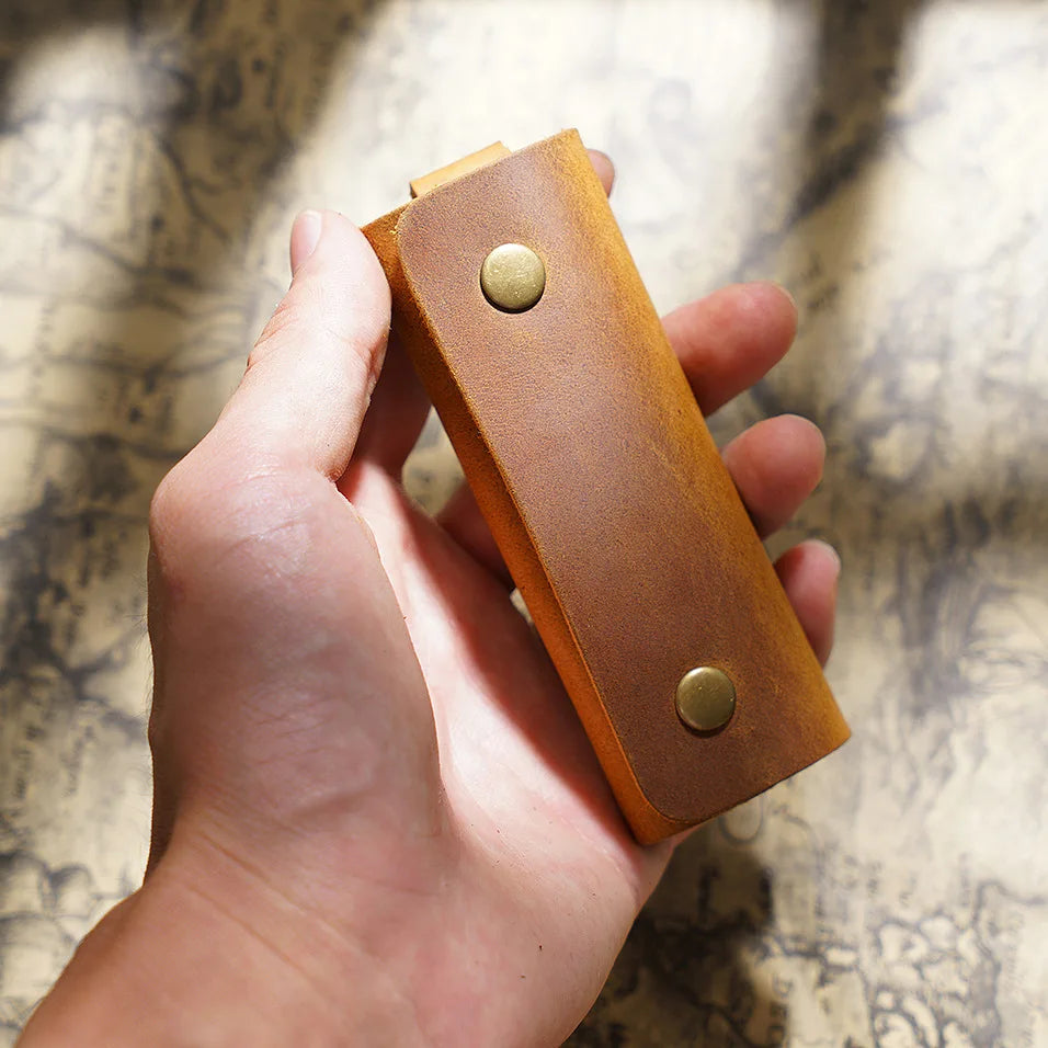 Cowhide Leather Key Holder Mini Keys Wallet Car Fob Organizer Cover Crazy Horse Handmade Gift