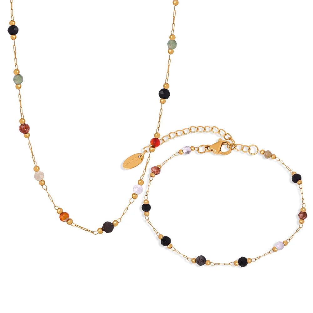 Hot Sale Mixed Natural Stone Stitching Design Necklace Titanium Steel 18K Gold Colorful Stone Bracelet Jewelry Set for Women
