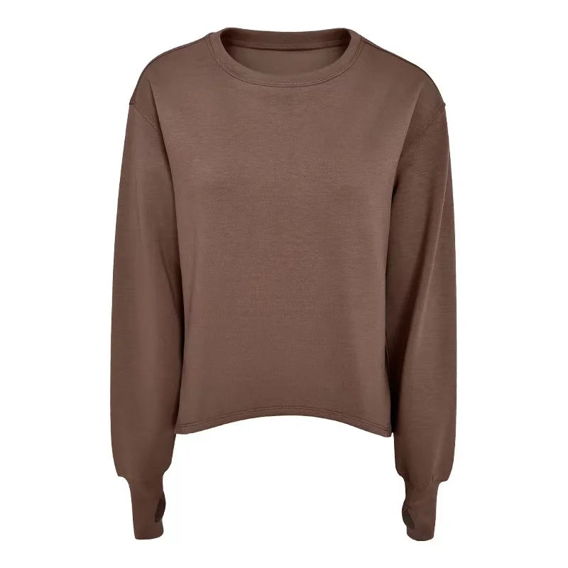 280G Polyester Cotton Spandex Custom Long Sleeve T Shirt Women Plain Color Crewneck Casual Loose T Shirt