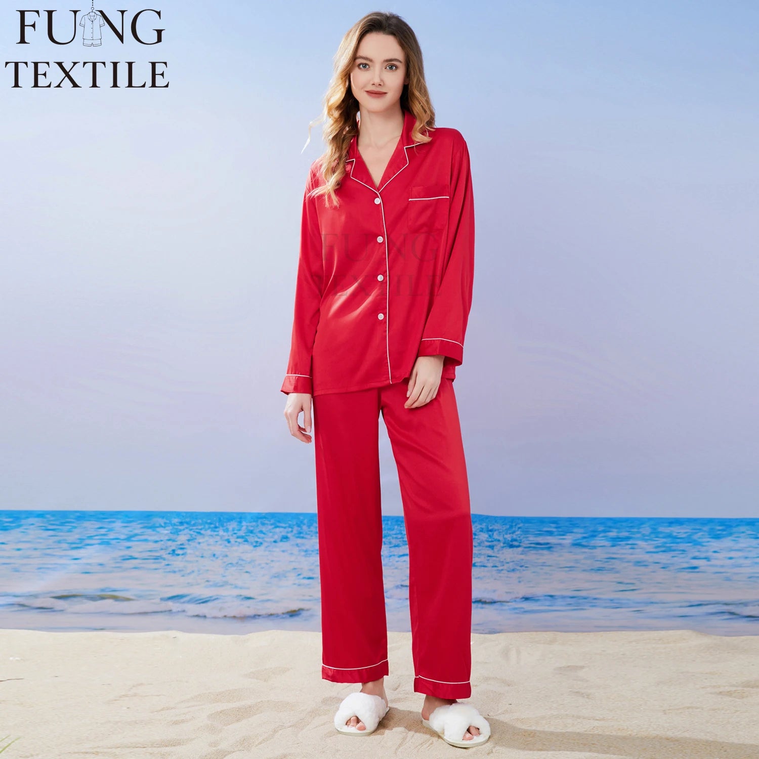 Fung 6001 Custom Print Spandex Polyester Solid Family Matching Sleepwear Robes Set for Women Jogger Pants