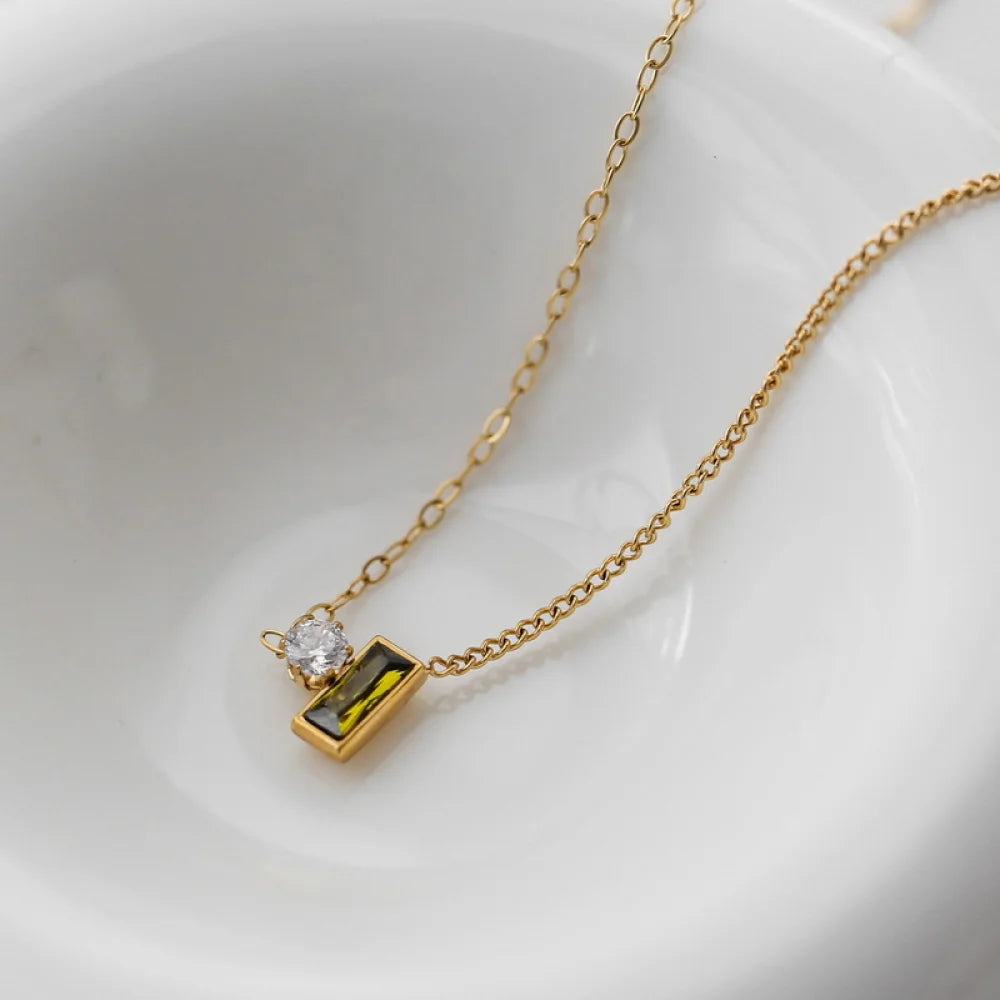 Wholesale Dainty Elegant New Arrival 2025 Stainless Steel Olive Green Rhinestone Natural Stone Crystal Necklaces for Women