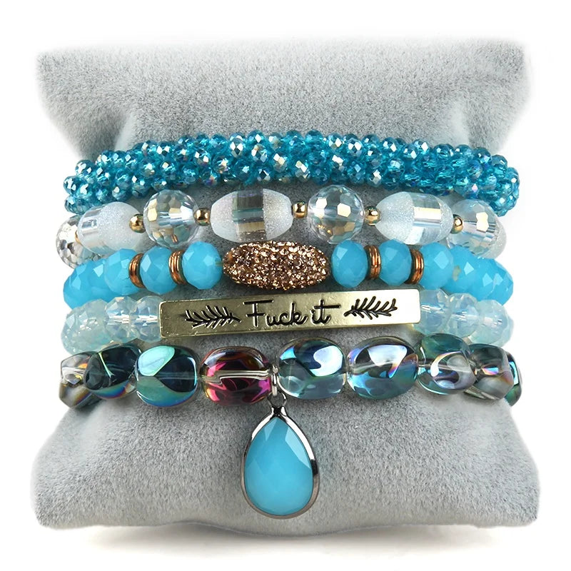 New 5pcs Handmade Jewelry Natural Stone Crystal Glass Wood Acrylic Pipe Bracelet Alloy Letter Piece Stack Bracelet Set