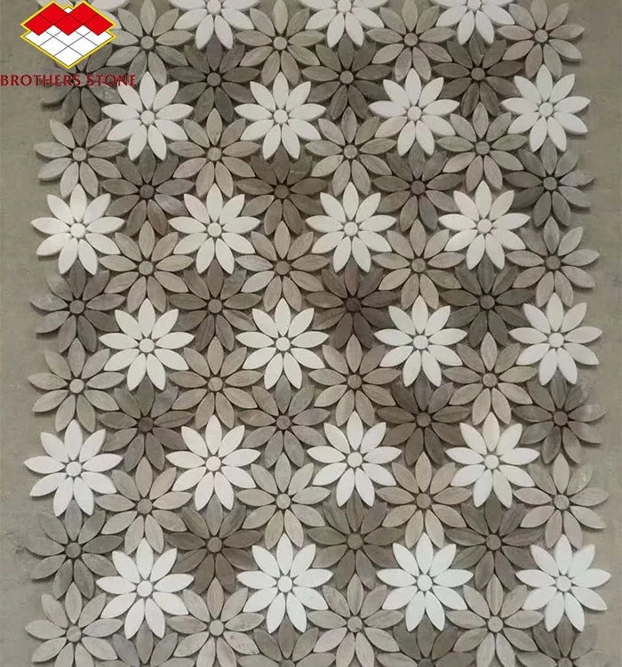 Modern Brown White Waterjet Flower Shape Marble Stone Mosaic Daisy Pattern Backsplash for Interior Wall Graphic Design Wall