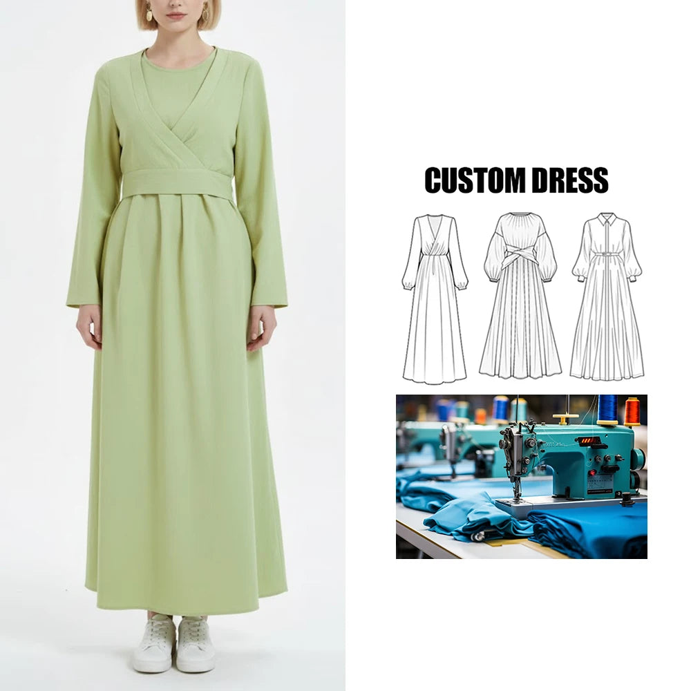 Brand Customization Middle Eastern Muslim Women's Clothing Solid Color Tie Waist Abaya Long Dress for Eid Dubai Middle