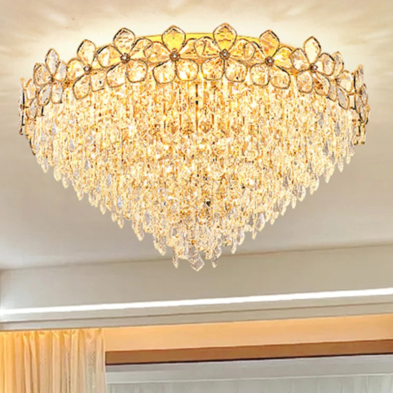 Modern Luxury Gold Flower Decoration Crystal Chandelier for Restaurant Wedding Decoration Hotel Living Room Crystal Ceiling Lamp