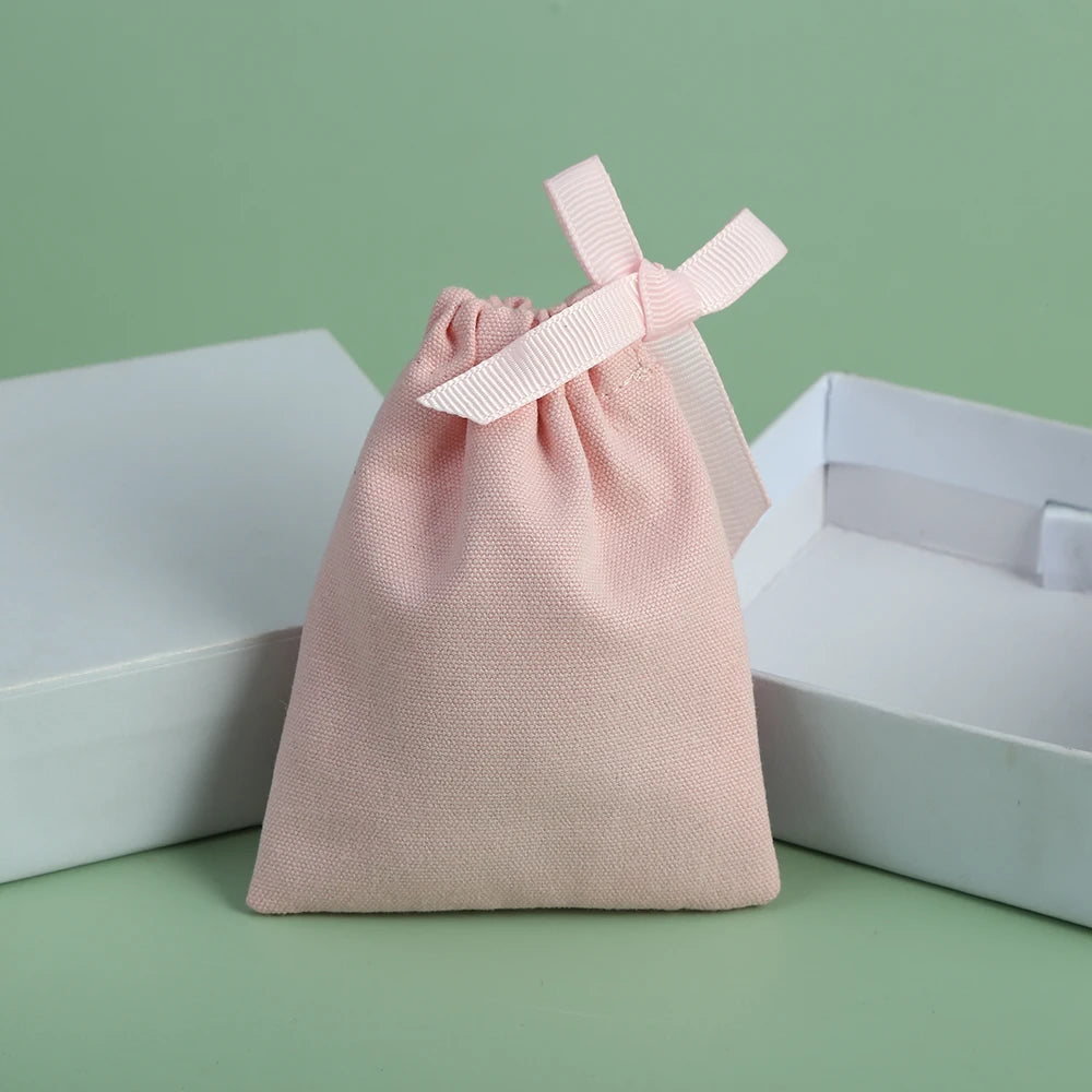 8*10 cm Organic Light Pink Twill Cotton Canvas Jewelry Container Drawstring Gift Packing Linen Muslim Perfume Dust Bag Ribbon