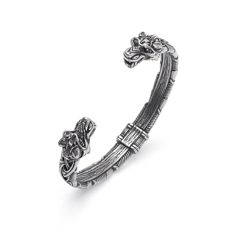 Men Nordic Double Dragon Wolf Head Celtic Knots Bangle Fashionable Viking Gold Plated Stainless Steel Open Cuff Bracelet