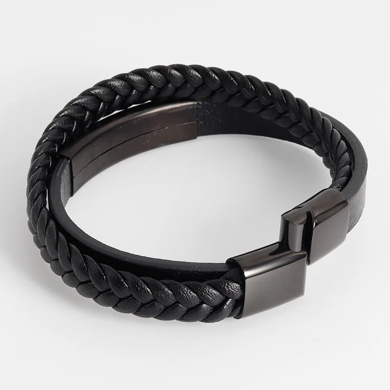 Braided Hand Bangle Engraved Cuff Jewelry Leather 316L Stainless Steel Bracelet Mens