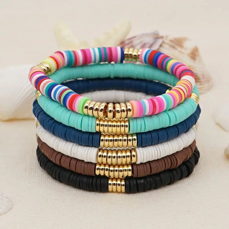 BP1034 Chic Boho Rainbow Polymer Clay Disc Heishi Bead and 18K Gold Accents Surfer Beach Layering Bracelets for Women