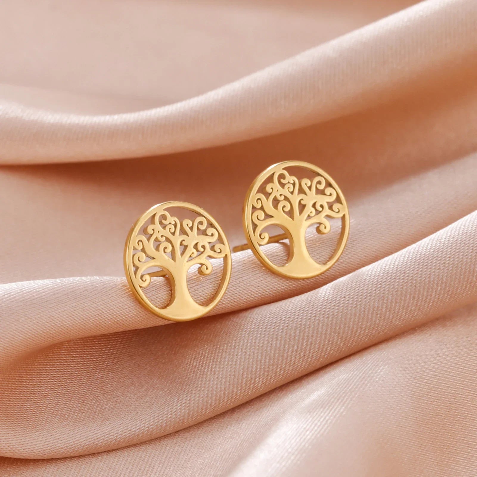 Myshape Tree of Life Stud Earring Stainless Steel Gold Color Amulet Ear Stud Vintage Jewelry Birthday Gift for Mother Friends