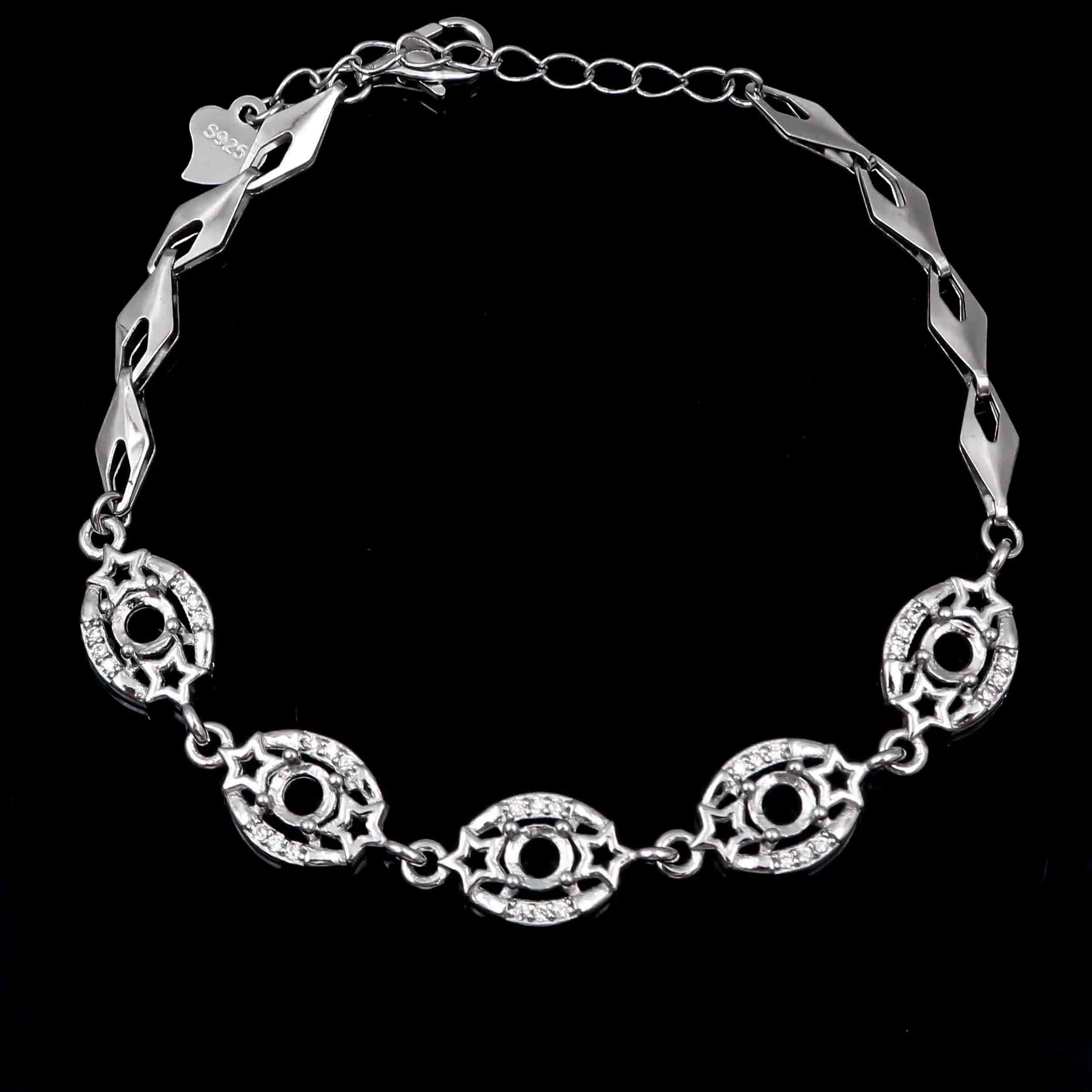 Sterling Silver 4*4mm Semi Mount Bracelet Empty Support Blank Claws Setting S925 Base Holder Without Center Stone Inlay for DIY