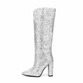 Chengdu Handmade Women Sexy Chunky Heels Winter Boots Silver Glitter Wide Shaft Pull-on Ladies Knee High Boots