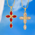 Women's Retro Blood Red Zircon Cross Pendant Necklace Fashionable Stainless Steel 18K PVD Gold-Plated Trendy Christian Jewelry