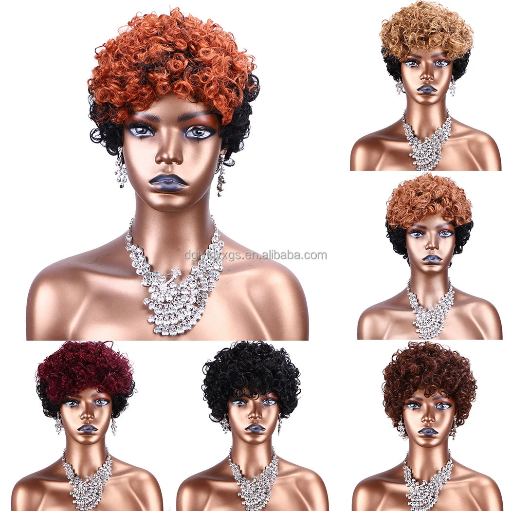 HM01 Machine Short Wigs Human Hair Women None Lace Wigs for Black Made Afro Curly Pixie Cut Human Hair Wig
