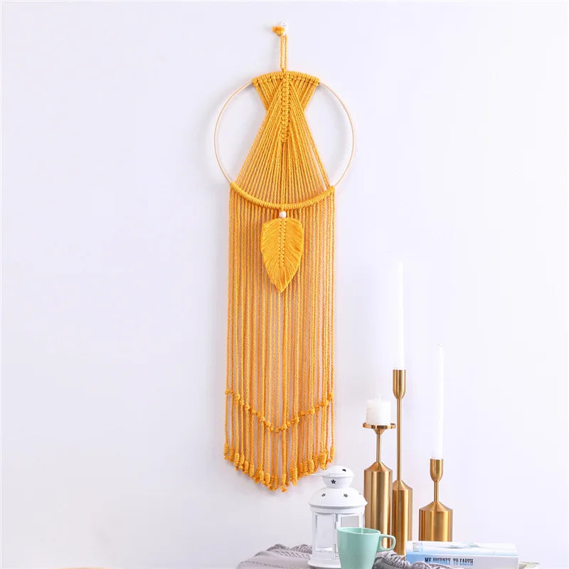 Boho Chic Macrame Cord Woven Leaf Self-Adhesive Wall Hanging Sign Home Geometric Art Decor