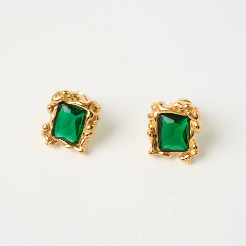 Retro Square Green Zircon Vintage 18K Gold Stainless Steel Earrings Jewelry for Women Dropshipping