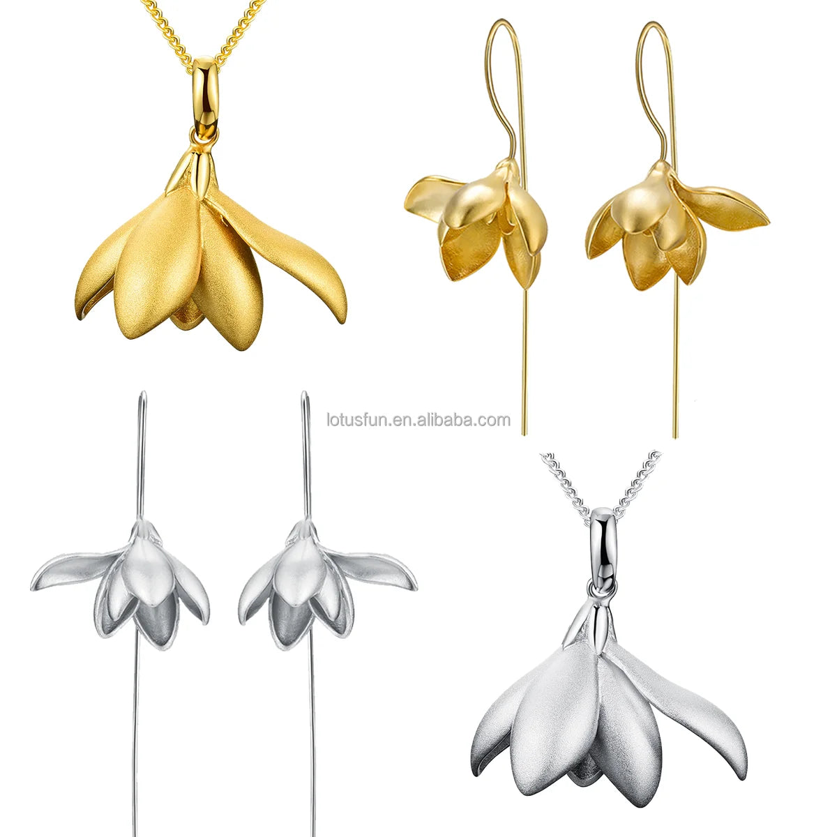 Lotus Fun 18K Gold Plated 925 Silver Flowers Long Earrings & Pendant for Women Elegant Fine Jewelry for Women