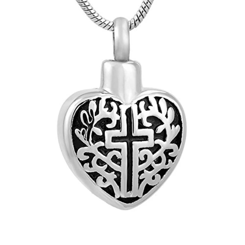 Stainless Steel Silver Plated Religious Christian Cross Heart Memorial Urn Ashes Cremation Pendant Keepsake