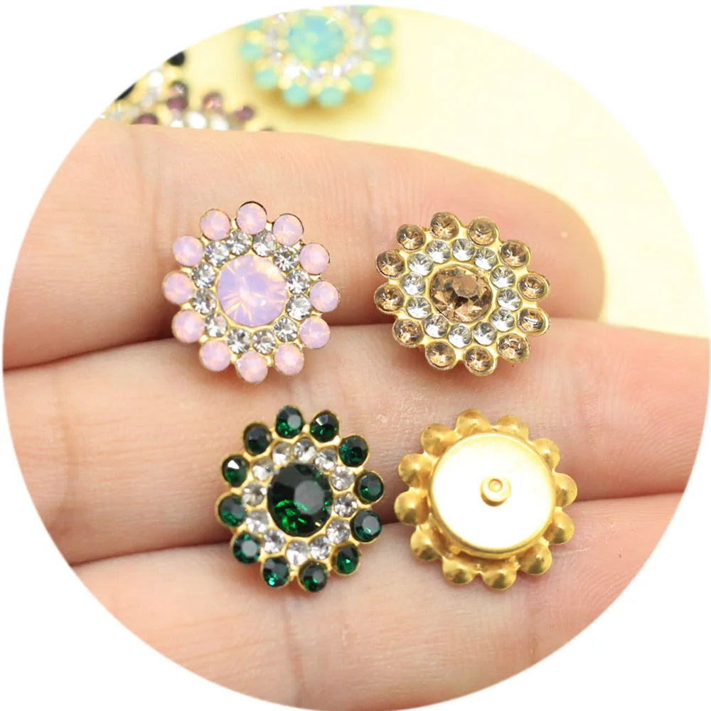 Glitter Flat Round Rhinestone Flower Shape Buttons Colorful Crystal DIY Buttons for Dresses and Shoes